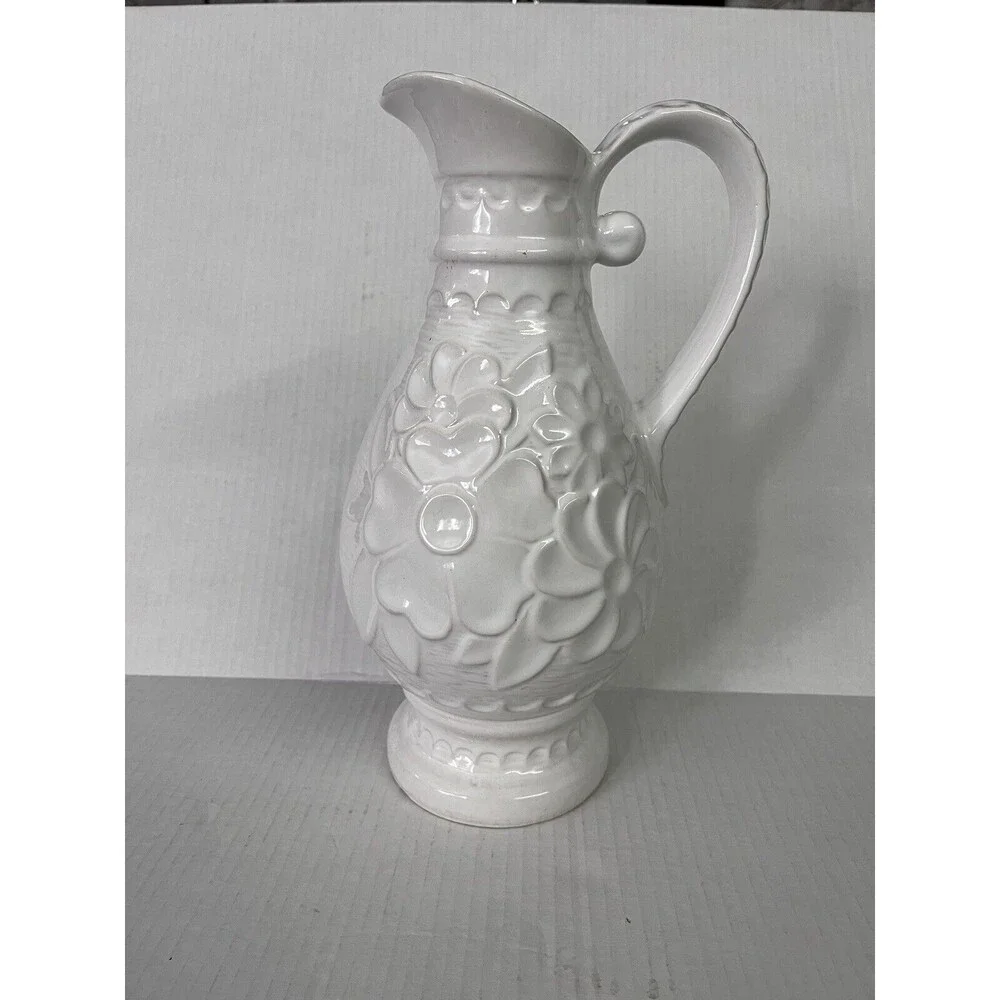Bay W. Germany Vintage White Floral Ceramic Pitcher 12